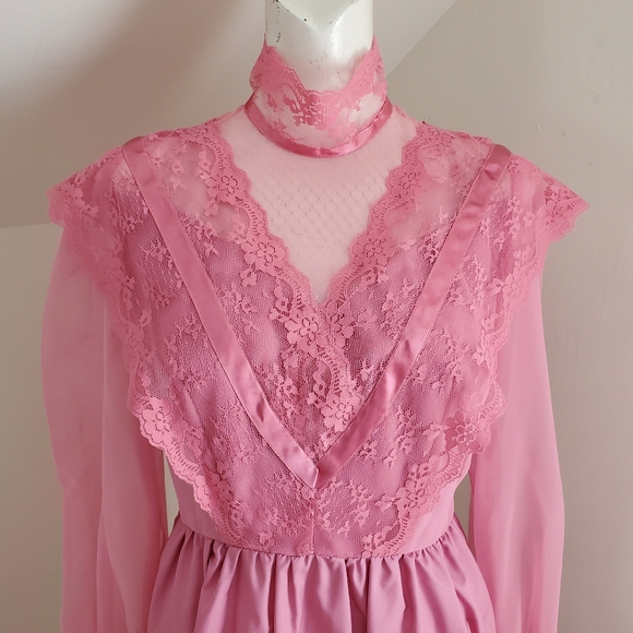 70s Vintage Pink Formal Gown With Long Chiffon Sleeves - Picture 5 of 10